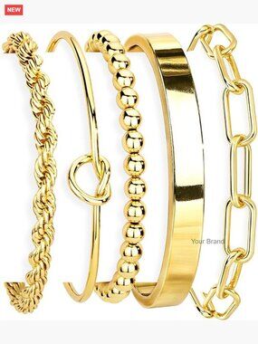 Non Tarnish 14K Gold Plated Stainless Steel Chunky Cuff Bracelet Set Stackable